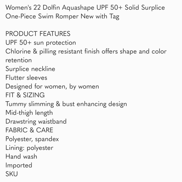 Women's 22 Dolfin Aquashape UPF 50+ Solid Surplice One-Piece Swim Romper NWT - Picture 9 of 9